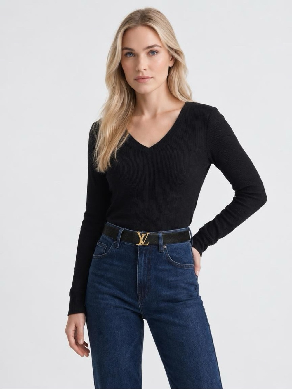 Zenana Outfitters V-Neck Waffle Knit Long Sleeve Top Size M Black